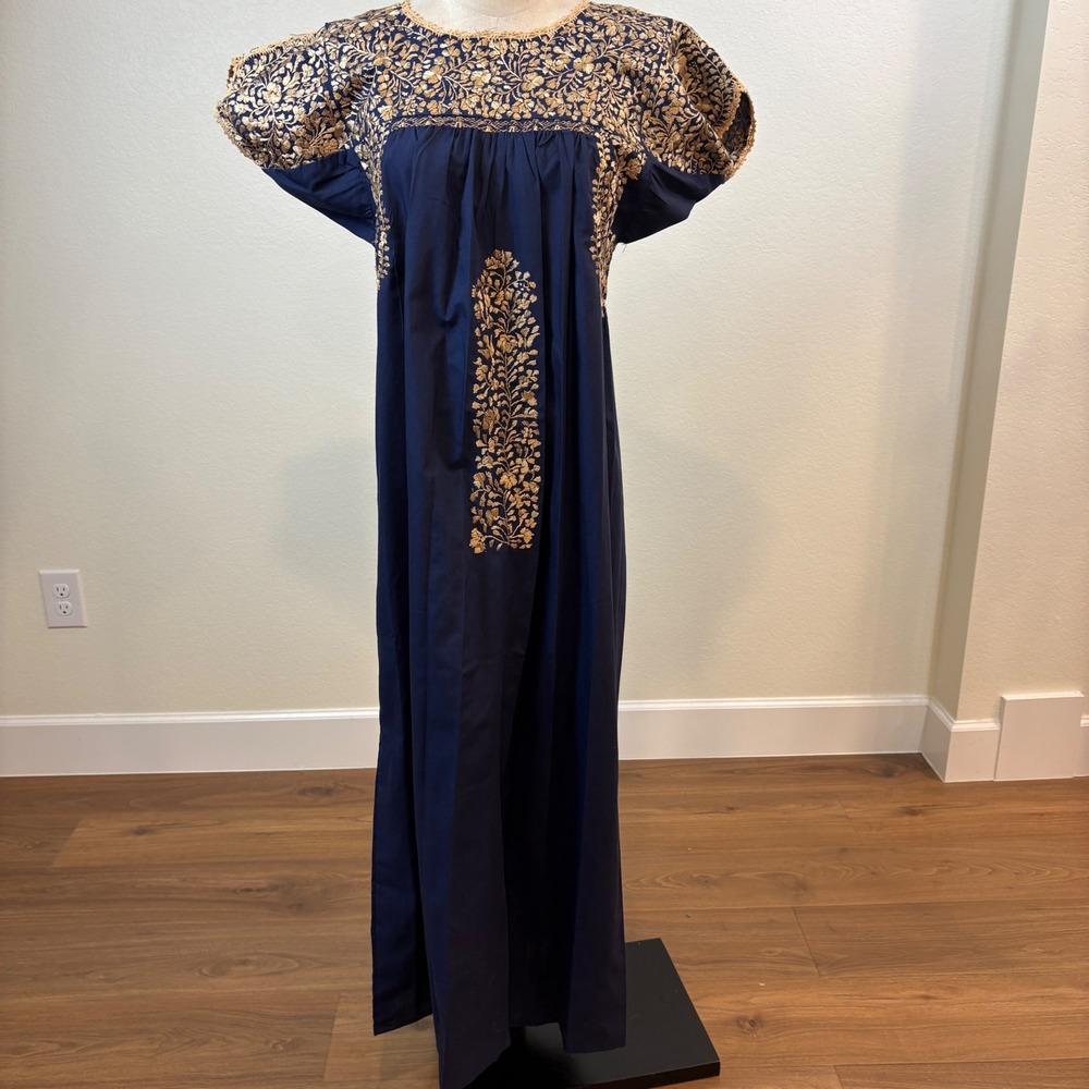 Oaxaca Mexican Dress Women L Blue Hand Embroidered Maxi Kaftan Boho Festival